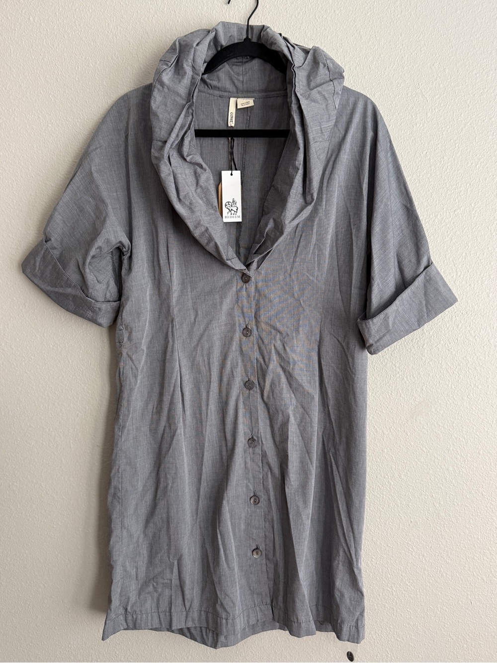 NWT Covet Women’s Sz L 100% Cotton Shirt Dress Mini Deep V Cowl Neck Gray
